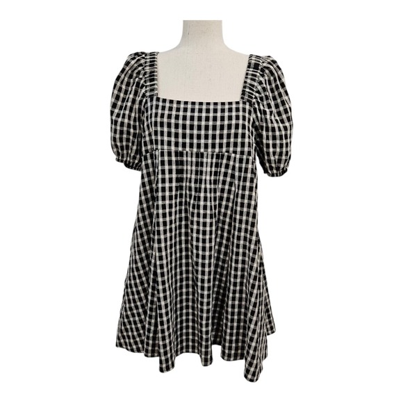 Millibon Dresses & Skirts - Womens Gingham Check Plaid Babydoll Milkmaid Peasant Mini Dress Puff Sleeves